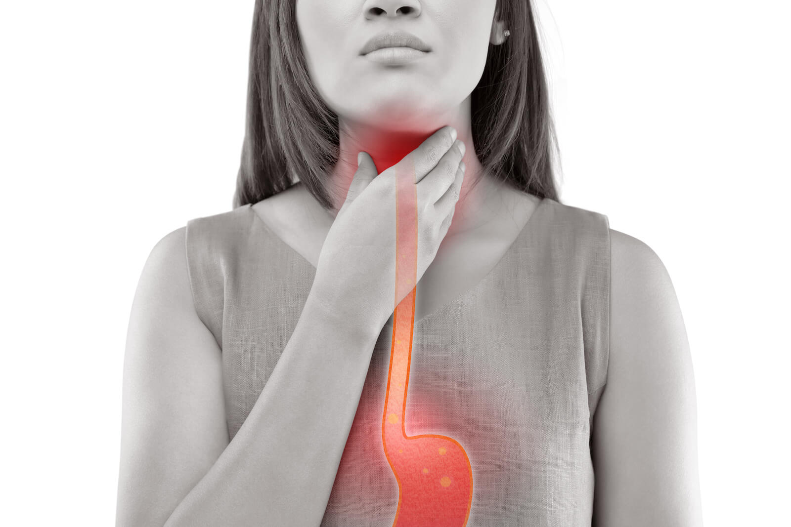 gastrointestinal symptoms: woman with an illustration of the stomach, touching her throat 