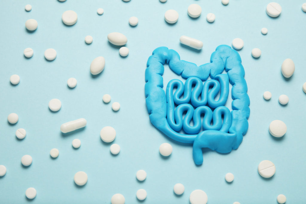Gluten free probiotics: clay intestine surrounded by different white pills