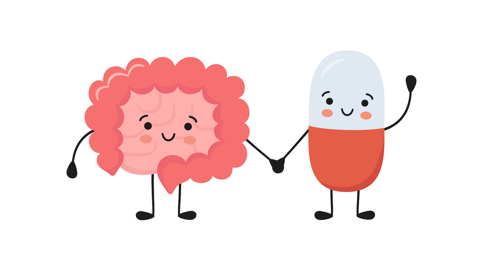 Gluten free probiotics: happy intestine and capsule holding hands illustration