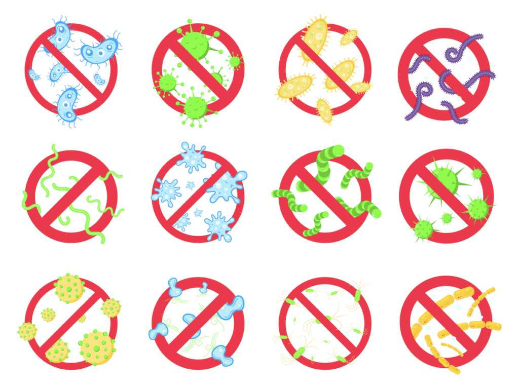 Antimicrobial vs antibacterial: Diagram of various bacteria and viruses with prohibition signs
