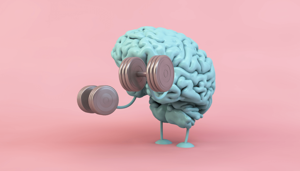 neuroplasticity healing: Model of the human brain holding two dumbbells against a pink background